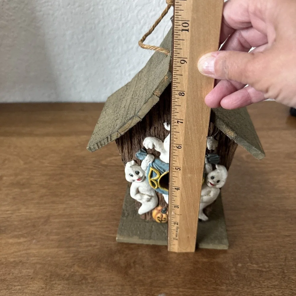 Halloween Wooden Birdhouse With Ceramic Ghost Boo